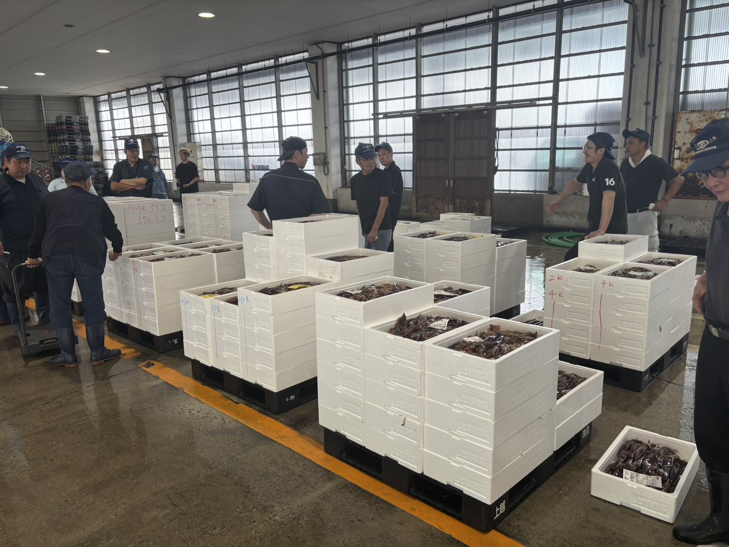 入荷した荷が並ぶ市場の場内と従業員